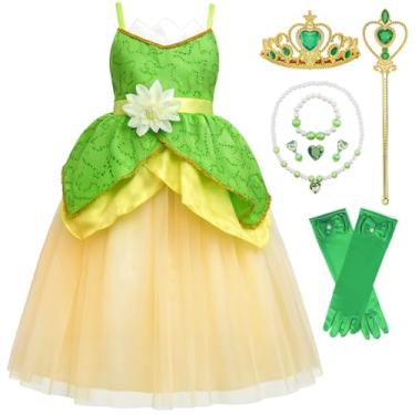 Imagem de TYHTYM Fantasia de princesa Tiana para meninas, princesa e sapo, fantasia verde, fantasia, cosplay, Halloween, aniversário com acessórios
