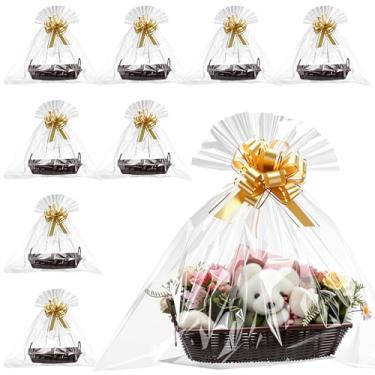 Imagem de Soaoo 8 cestas vazias para presentes, 35 x 25 x 7 cm, cesta grande de armazenamento de vime de Natal com alça e sacos de presente e laços dourados para presentes de festa de Ação de Graças de Natal