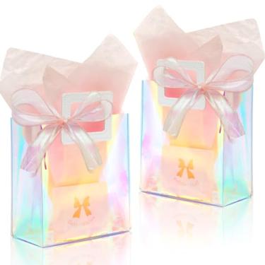 Imagem de KeerxunBag Pacote com 2 sacos de presente holográficos com alças e 2 folhas de papel de seda e 2 cartões comemorativos – Sacos reutilizáveis transparentes iridescentes para mulheres, meninas
