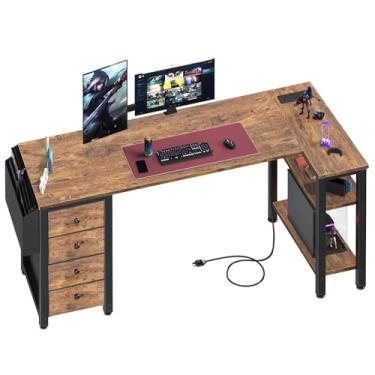 Imagem de Lufeiya Mesa de computador em forma de L com gavetas e prateleiras de armazenamento, mesa de canto de 139 cm com tomada elétrica para quarto de escritório em casa, mesa de jogos para adolescentes em