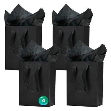 Imagem de Aosric Pacote com 4 sacos de presente pretos 12 x 8 x 8 cm com papel de seda - pequenos sacos de presente resistentes e reutilizáveis com alças de fita para joias, perfumes, lembrancinhas de festa