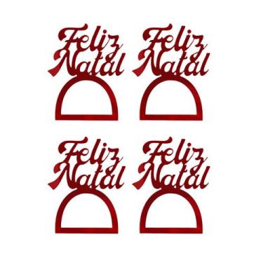 Imagem de Porta Guardanapo Feliz Natal Acrílico Vermelho Espelhado 8 cm 4 Peças 
