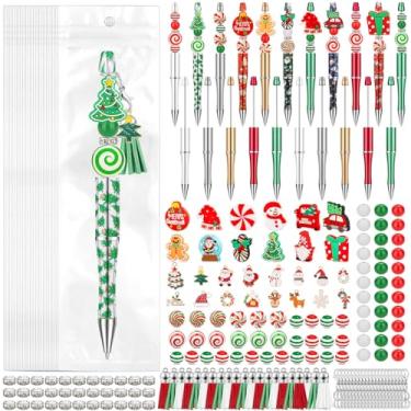 Imagem de Thrilez Kit de 387 canetas de Natal com miçangas, canetas de Natal DIY, a granel, inclui canetas com contas, contas focais, contas de acrílico, pingentes e sacos de canetas para lembrancinhas de festa