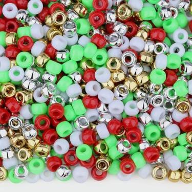 Imagem de LAIDANLA 1000 contas de pônei de Natal 6 x 9 mm vermelho verde branco ouro prata contas de pônei a granel para fazer pulseiras tranças, cabelo, artesanato faça você mesmo, contas Kandi, contas de