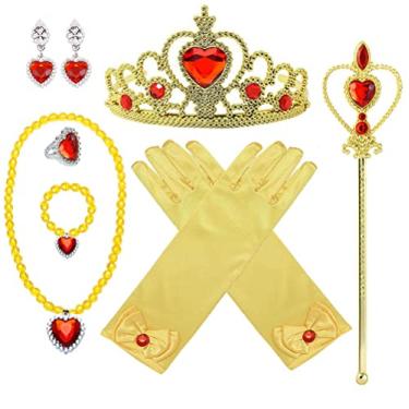Imagem de Yosbabe Princess Belle Dress up Accessories Conjunto de 4 Presentes Luvas de Ouro Tiara Coroa Colar Varinha