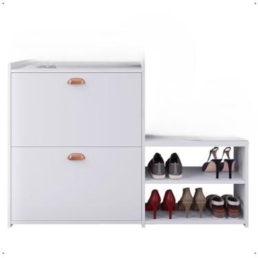 Imagem de Sapateira Organizadora Com Banco Integrado - 2 Portas Basculantes E Puxador Concha Milano Para Hall De Entrada, Quarto E Closet - Assento PráTico Para Vestir Sapatos(Branco)
