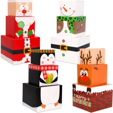 Imagem de WorldBazaar Caixa de presente de Natal empilhável pequena caixa de presente de Natal 12 peças de caixas de presente empilháveis decorativas de Natal com tampas, suprimentos de decoração de festa de