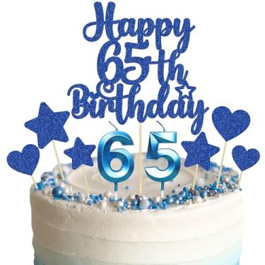 Imagem de Gyufise Conjunto de 15 peças de topo de bolo de feliz aniversário de 65 anos com coração estrela glitter Cheers to 65 anos palhetas de bolo número 65 velas decorações de bolo para feliz aniversário de