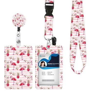 Imagem de Porta-crachá de identificação com cordão retrátil e chaveiro, carretel de crachá com clipe de mosquetão giratório, flamingos tropicais, abacaxi, crachá, crachá, crachá, protetor de identidade, clipes
