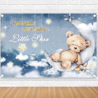 Imagem de NECSOLE 2,1 x 1,5 m Twinkle Twinkle Little Star Pano de fundo urso chá de bebê decoração de festa suprimentos estrelas douradas lua azul céu tecido fotografia fundo bolo mesa banner papel de parede