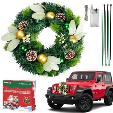 Imagem de Guirlanda de carro de Natal iluminada, guirlanda de carro artificial de LED de 33 cm com enfeites de bola de Natal em ouro verde para churrasqueira, guirlanda de Natal movida a luz, adequada para Jeep