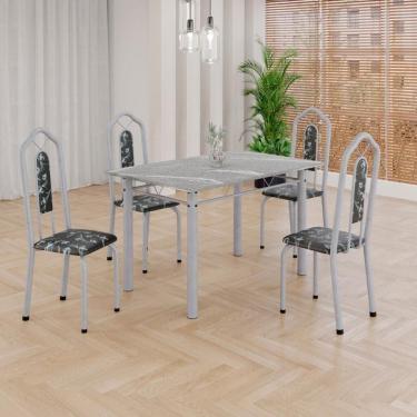 Imagem de Conjunto De Mesa Tubular 4 Cadeiras 120x75cm Mart Perola Com Tampo Em Granito Topázio Brenda 010 - Tudo De Móveis Preto Floral