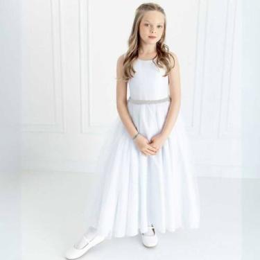 Imagem de Vestido Infantil Longo Branco com Tule e Cinto Prata Daminha Casamento