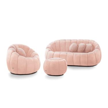 Imagem de Sofá 2 Lugares com Puff e Poltrona Giratória Orgânica Cloud Bouclê Rosê E03 - D'Rossi