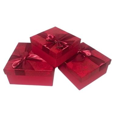 Imagem de Kit 3 Caixa De Presente Com Glitter Tampa E Laço De Cetim Decorativa Pequena Média E Grande Embalagem Natal 14cm/16cm/19cm(Vermelho)