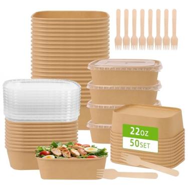 Imagem de DeziWood Pacote com 50 recipientes de papel para alimentos de 623 g com tampas, recipientes de preparação de refeições tigelas de papel grandes descartáveis, para micro-ondas e freezer, use