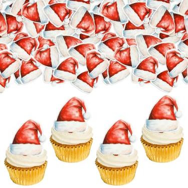 Imagem de Ephlyn 50Pcs Edible Christmas Cake Toppers Edible Wafer Paper Christmas Hat Cupcake Decorations Edible Christmas Cookie Decorations for Xmas Festival birthday Party Food Decor