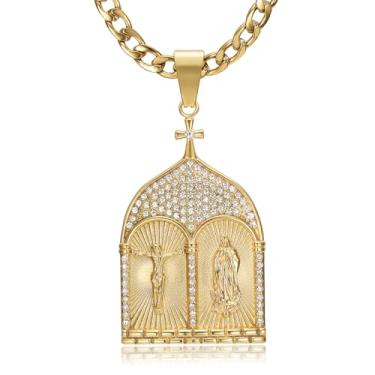 Imagem de NEGS Colar de aço inoxidável com pingente de crucifixo com cruz católica Jesus Virgem Maria Cristo banhado a ouro 18 K para homens e mulheres, corrente de 7 mm de oração cristã para presente de Páscoa