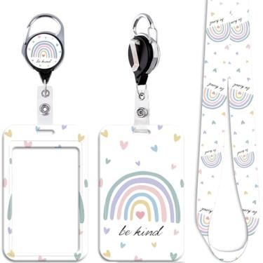 Imagem de Cordão de crachá de arco-íris fofo para chaves de crachá de identificação Be Kind retrátil para trabalho e escola, coração de amor, chaveiro de identificação para mulheres, meninas, crianças
