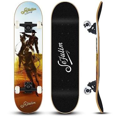 Imagem de Sefulim Skate completo de caveira de 78,7 cm x 20,32 cm para esportes radicais e atividades ao ar livre para iniciantes e profissionais (cowboy)