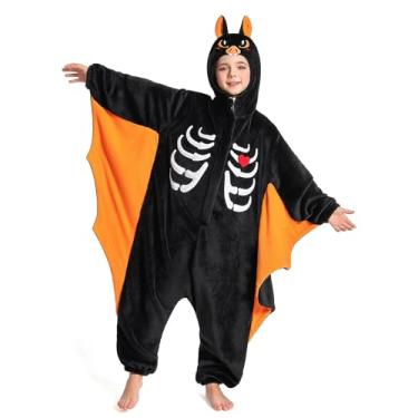 Imagem de OLAOLA Macacão infantil de animal, unissex, pijama de cosplay de pelúcia para meninas e meninos, roupa de dormir de uma peça fantasia de Halloween, Morcego, 7-9 Years