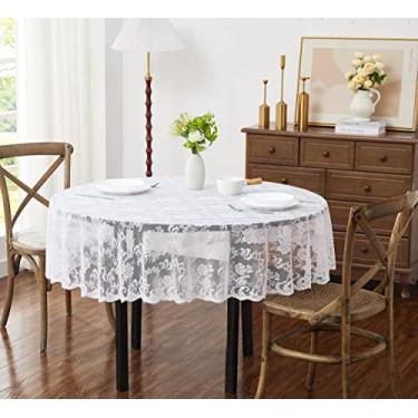 Imagem de LinenZone Toalha de mesa redonda branca extra grande para decoração vintage rústica. Toalha de mesa de renda transparente funciona muito bem como toalha de mesa de casamento ou capa de mesa de ação de