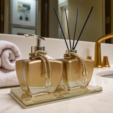 Imagem de Kit Lavabo Banheiro Com Difusor Saboneteira e Bandeja Super Luxo Doura