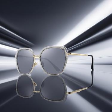 Imagem de Óculos de sol femininos vintage com armação de escudo grande para mulheres com caixa de presente, Armação cinza Tra/Lente espelhada prateada/hastes douradas, Lens Width: 55 Millimeters