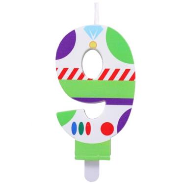 Imagem de SAVITA Vela com tema de brinquedo de desenho animado, robô astronauta, topo de brinquedo, tema de desenho animado, número de aniversário, decoração de bolo para artigos de festa (número 9)