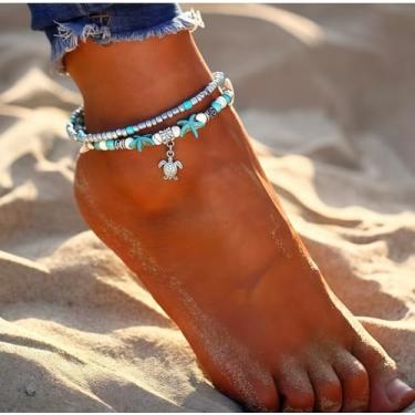 Imagem de Tornozeleira feminina boho, retrô, falsa, estrela-do-mar, tartaruga, contas, conjunto de tornozeleiras prateadas de duas camadas prateadas, férias na praia havaiana, à prova d'água, enfeite de pé