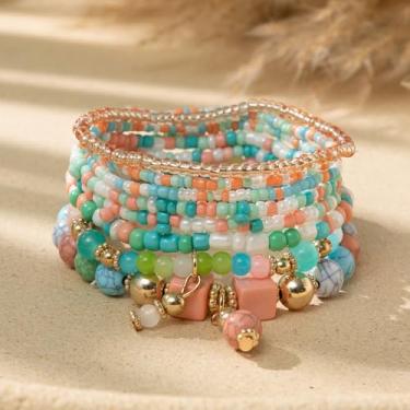 Imagem de 8 peças/conjunto de pulseiras boêmias empilháveis com contas, pulseiras feitas à mão com cordão em camadas, pulseiras Boho Crysta para mulheres, 5-10cm, Metal Pérola Metal Miçanga, Sem Pedra Preciosa