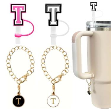 Imagem de 4 peças de acessório de garrafa de água com letras fofas compatíveis com copos Stanley, tampas de palha de silicone à prova de poeira, pingente de chaveiro de copo personalizado