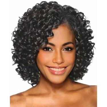 Imagem de Perucas Afro Cacheado para Mulheres Negras Perucas Cacheado Crespo com Franja Lateral Peruca Sintética Preta Natural Cabelo Completo