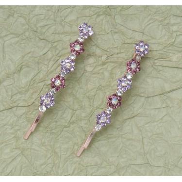 Imagem de 2 peças de broche de strass com flor pequena 5 x 2 cm de cristal de metal bonito acessórios para mulheres Halloween Natal tema casamento decoração de cabelo suprimentos (roxo)