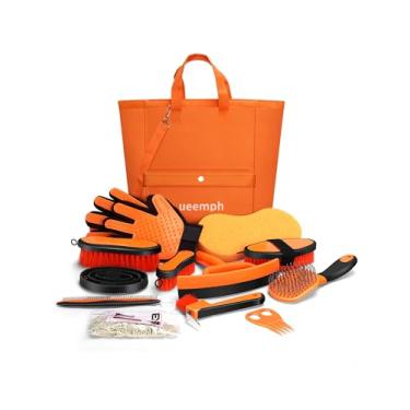 Imagem de Ueemph Kit de cuidados para cavalos (13 peças), escovas de cavalo laranja, bolsa de armazenamento, raspador de suor, pente de crina, luvas de cuidados para cavalos, presentes para meninas (laranja)