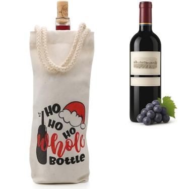 Imagem de Jacob Bicerri Bolsa reutilizável de algodão para presente de vinho com alça de corda – Sacola de garrafa de tecido ecológica com estampa de Natal – Porta-vinho lavável elegante para presentes, festas