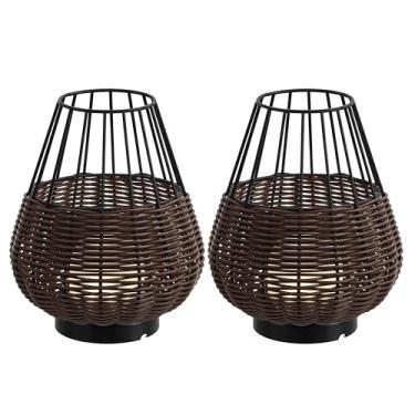 Imagem de JONATHAN Y JYL7154A-SET2 Elian Candeeiro de mesa LED integrado moderno rústico decorativo interno/externo de vime sintético recarregável/sem fio regulável para pátio, varanda, quintal, marrom escuro