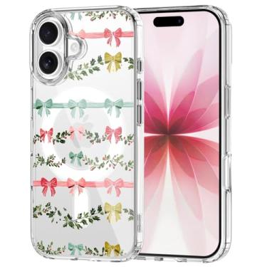 Imagem de OFQKOAKS Capa para iPhone 16, compatível com MagSafe, linda capa de telefone magnética com laço de guirlanda de Natal, capa protetora fina e macia transparente para mulheres e meninas