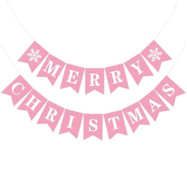 Imagem de Funrous Faixa de Feliz Natal Decorações de Natal Rosa Sinal de Natal Guirlanda Pendurada com Corda para Lareira Parede Cornija Interior Home Office Decoração de Férias