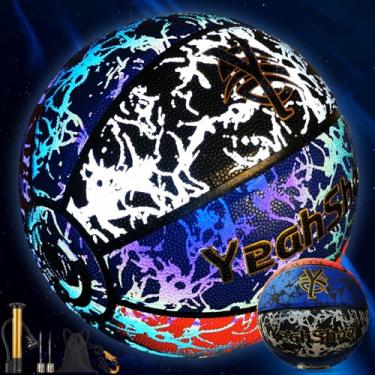 Imagem de YeahShoot Bola de basquete refletiva, 29,5 polegadas, design que brilha no escuro, basquete juvenil iluminado com bomba, azul e branco (preto, azul e vermelho, tamanho 7/75 cm)