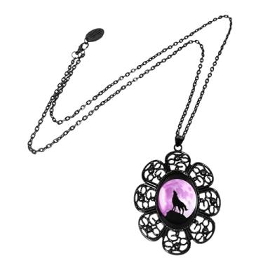 Imagem de Colar com pingente de lua de lobo gótico, design de flor de filigrana preta, lua roxa - 23-JBFN, grande, metal, sem pedra preciosa