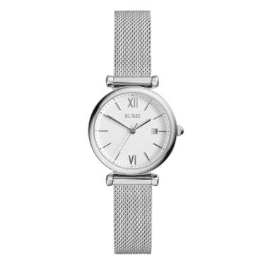 Imagem de BUREI Relógio feminino simples prateado moderno com pulseira de malha de aço inoxidável, relógio analógico de quartzo com três ponteiros