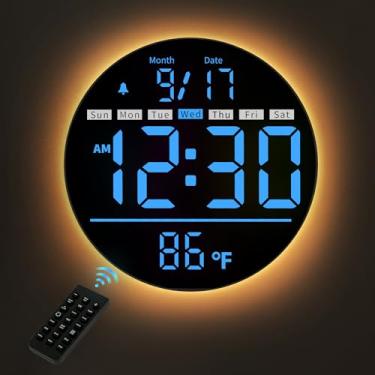 Imagem de HAITANG Relógio digital de parede, relógio digital redondo de 20 cm com tela grande, 11 cores RGB, controle remoto, brilho automático, temperatura, horário de verão, luz noturna, alarme, temporizador