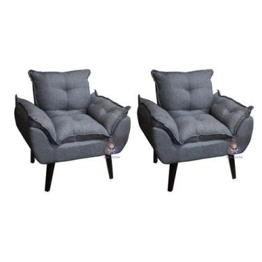 Imagem de Kit 02 Poltrona/Cadeira Decorativa Opala Glamour Grafite Linho Com Pés