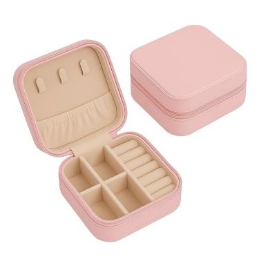 Imagem de Porta-joias De Viagem Compacto Com Zíper – Couro Sintético, Compartimentos Para Anéis, Colares E Brincos Rosa Claro