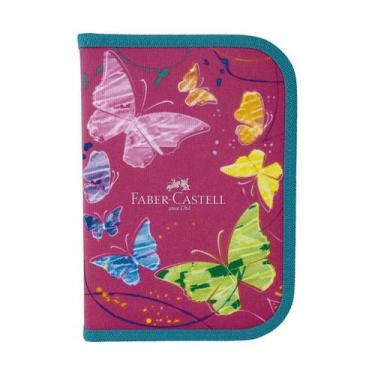 Imagem de Estojo Faber Castell borboletas escolar de nylon com kit de lápis - Fa