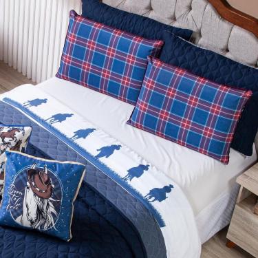 Imagem de Jogo De Cama Lençol Solteiro Country Com Fronha Estampada 03 Peças - Tecido Percal 200 Fios Cor Azul