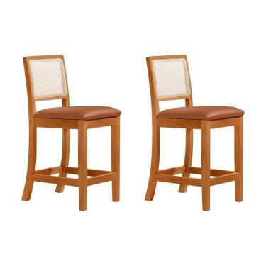 Imagem de Kit 2 Banquetas Altas Luxo Em Tela Sextavadas Assento Estofado Couro Pu Caramelo Rubi Madeira Maciça
