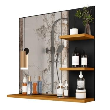 Imagem de Espelheira Organizadora Banheiro 45x47x12cm | Prateleira para Itens Higiene | Design Moderno e Compacto(AJAX - PRETO/FREIJÓ)