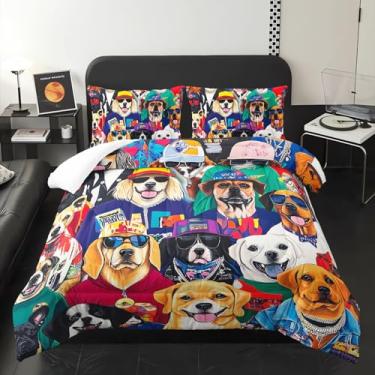 Imagem de lneffble Jogo de cama solteiro de desenho animado colorido para crianças, com 1 edredom com 2 fronhas, tema de cachorro